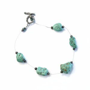 Chunky Faux Turquoise Howlite Nugget Necklace Silver Toggle Clasp Dangles Boho